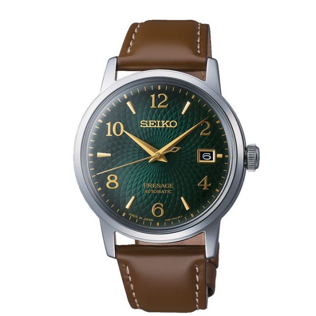 Seiko Presage Mens Cocktail Time Mojito Green Dial Brown Leather Strap Automatic Watch SRPE45J1