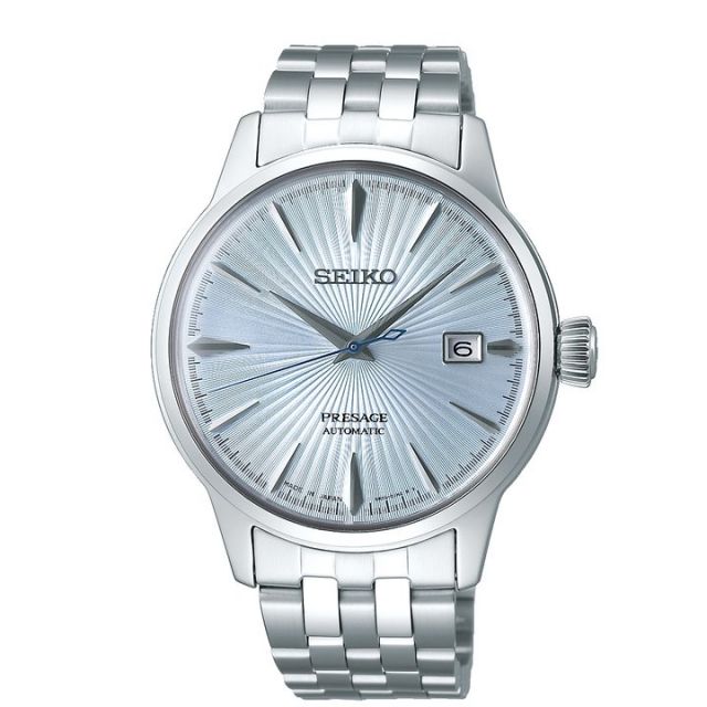 Seiko Presage Mens Cocktail Time Skydiving Automatic Light Blue Dial Silver Stainless Steel Watch SRPE19J1