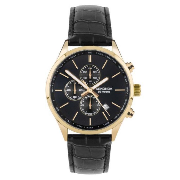 Gents Sekonda Watch Gold Case Black Strap with Black Dial 30107