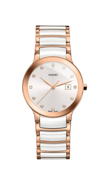 Rado Ladies Centrix Diamonds Rose Gold Plated White Ceramic Bracelet Watch R30512742