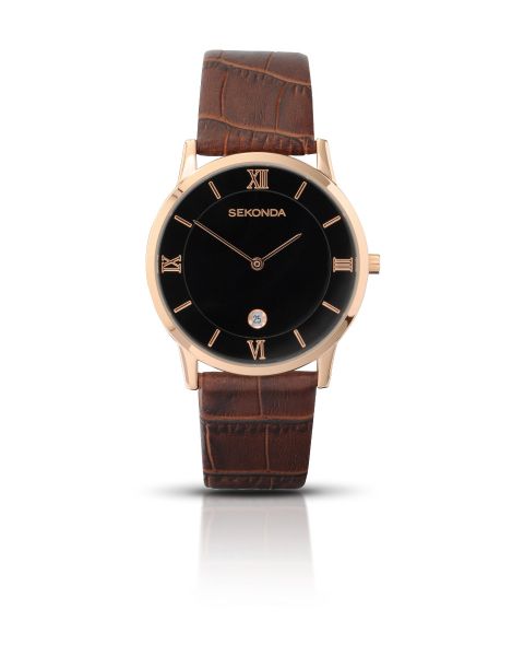Sekonda Quartz Mens Rose Plated Brown Strap Watch 3207