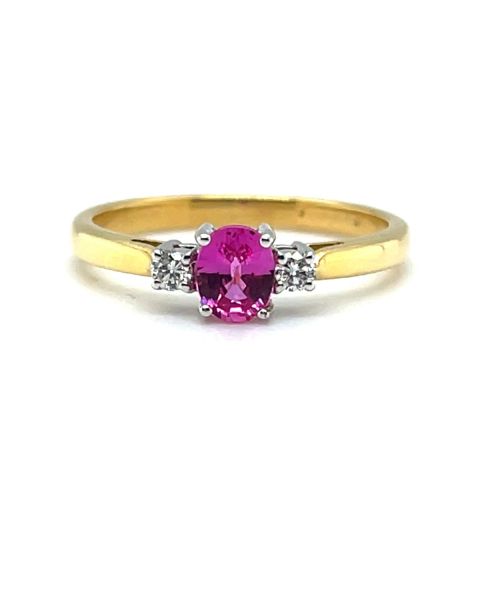 18ct Yellow and White gold Pink Sapphire & Diamond Three Stone Ring