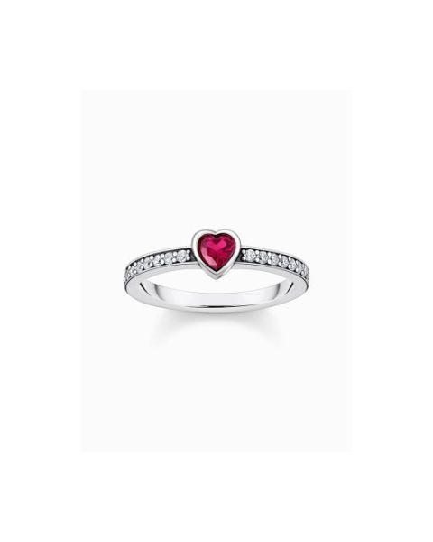 Thomas Sabo Silver solitaire ring with red stone + zirconia