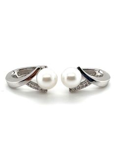 14ct White Gold 0.052ct Diamond with Pearl Hinged Earrings