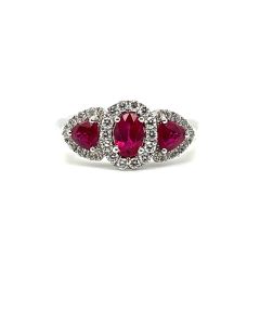 18ct Gold 1.14ct Ruby & 0.37ct Diamond Three Stone ‘Halo’ Ring