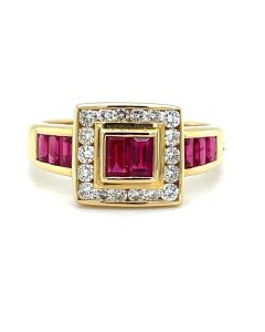 18ct Yellow Gold 1.08ct Ruby & 0.30ct Diamond Square Head Ring