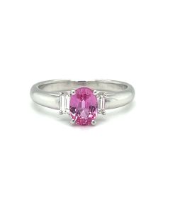 18ct White Gold 1.15ct Pink Sapphire & 0.24ct Diamond Three Stone Ring