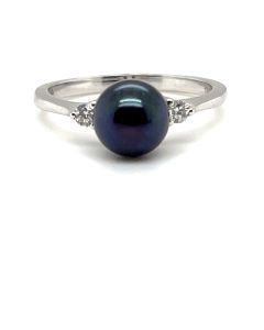 9ct White Gold Fresh Water Black Pearl and Diamond Ring
