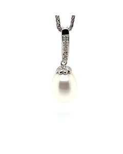 14ct White Gold Fresh Water Pearl and Diamond Pendant