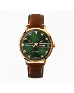 Gents Sekonda Watch Gold Case, Brown Strap with Green Dial & Day Date Feature  - 1949