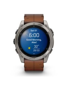 Garmin Fenix8 51mm Titanium on chestnut leather band