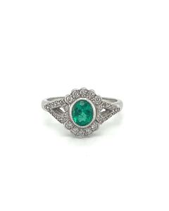 18ct White Gold 0.63ct Emerald & 0.20ct Diamond Art Deco Ring 