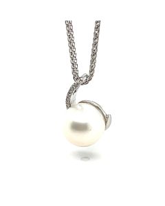 9ct White Gold Cultured Pearl and 0.04ct Diamond Swirl Pendant
