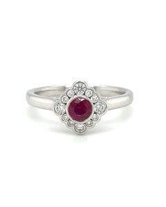 18ct White Gold Ruby & Diamond Halo Cluster Ring