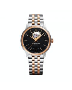 Raymond Weil Maestro Mens Automatic Two Tone Rose Gold Plate And Stainless Steel Watch With Black Open Balance Dial On Two Tone Bracelet