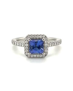 Platinum Square Tanzanite and Diamond halo ring