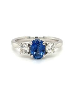 18ct White Gold 1.44ct Sapphire and 0.48ct Diamond 3 Stone Ring