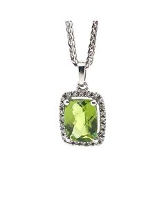 9ct White Gold cushion cut Peridot and Diamond cluster Pendant