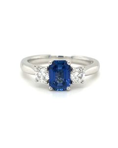 Preowned 18ct White Gold 1.10ct Sapphire & 0.39ct Diamond 3 Stone Ring