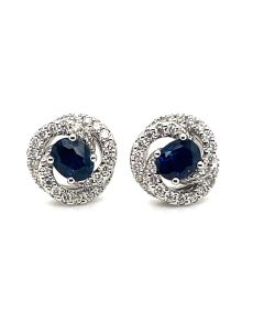 18ct White Gold Oval Blue Sapphire and Diamond Swirl Earrings