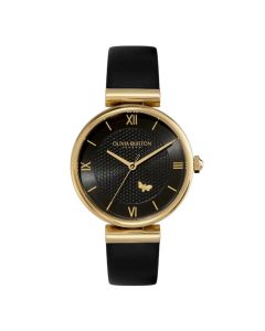 Ladies Olivia Burton Signature 36mm Minima Bee T-Bar Gold & Black Leather Strap Watch