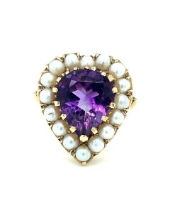 Pre-Owned 9ct Yellow Gold Amethyst and Pearl Cluster Ring