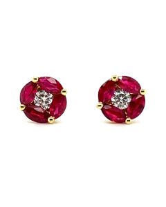 18ct Yellow Gold 0.83ct Ruby and 0.14ct Diamond Cluster Stud Earrings