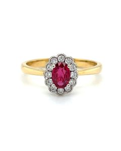 18ct Yellow and White Gold Ruby & Diamond Halo Cluster Ring