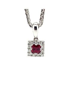18ct White Gold 0.13ct Ruby and 0.06ct Diamond Cluster Pendant