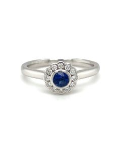 18ct White gold Sapphire & Diamond Rub-over Halo Cluster Ring