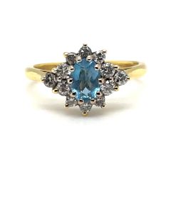 Pre-Owned 18ct Yellow and White Gold Aquamarine and Diamond Cluster Ring