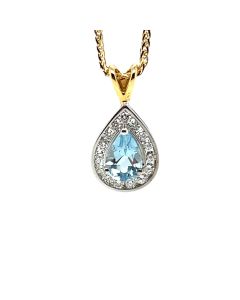 18ct White Gold Aquamarine and Diamond pear cut cluster pendant and chain