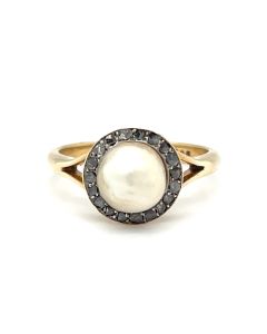 Pre-Owned 9ct Yellow and White Gold Cultured Pearl Diamond Cluster Ring