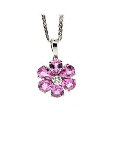 18ct White Gold Pink Sapphire and Diamond Flower Pendant