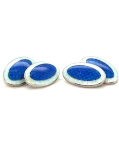 Silver Oval Blue Enamel and Honeydew Green Edge Chain Cufflinks