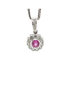 18ct White Gold 0.33ct Pink Sapphire and 0.23ct Diamond Cluster Pendant