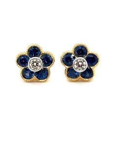 18ct Yellow Gold Blue Sapphire and Diamond Flower Earrings