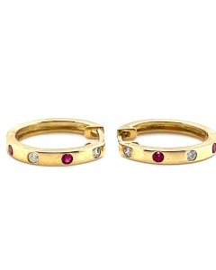 9ct Yellow Gold 0.09ct Ruby and 0.07ct Diamond Hoop Earrings