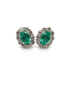 18ct White Gold Emerald and Diamond Oval Cluster Stud Earrings