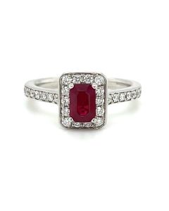 18ct White Gold 0.78ct Ruby & 0.32ct Diamond Halo Cluster Ring 