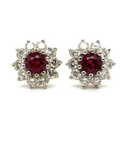 Pre-Owned 18ct Yellow Gold Ruby and Diamond Cluster Earrings