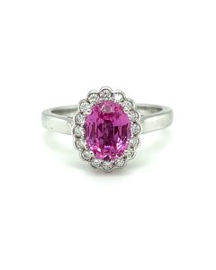 18ct White gold oval Pink Sapphire & Diamond Cluster Ring