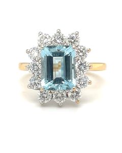 18ct Gold 2.29ct Aquamarine & 1.25ct Diamond Cluster Ring