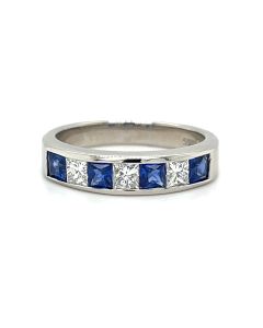 Platinum Blue Sapphire and Diamond 7 stone ring