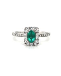 18ct White Gold Emerald and Diamond cluster Ring with Diamond set shoulders