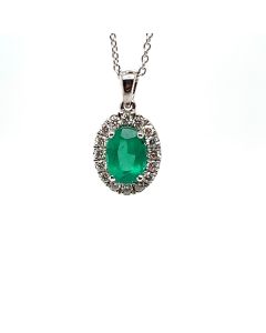 18ct White Gold Emerald and Diamond cluster pendant and chain