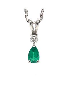 18ct White Gold 0.61ct Emerald and 0.10ct Diamond Drop Pendent
