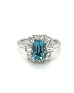 18ct White gold Blue Zircon & Diamond Halo Cluster Ring 