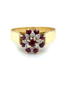 Pre-Owned 18ct Yellow Gold Diamond and Red Stone Cluster Ring