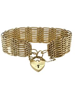 Pre-Owned 9ct Yellow Gold Bar Gate Bracelet with Heart Padlock